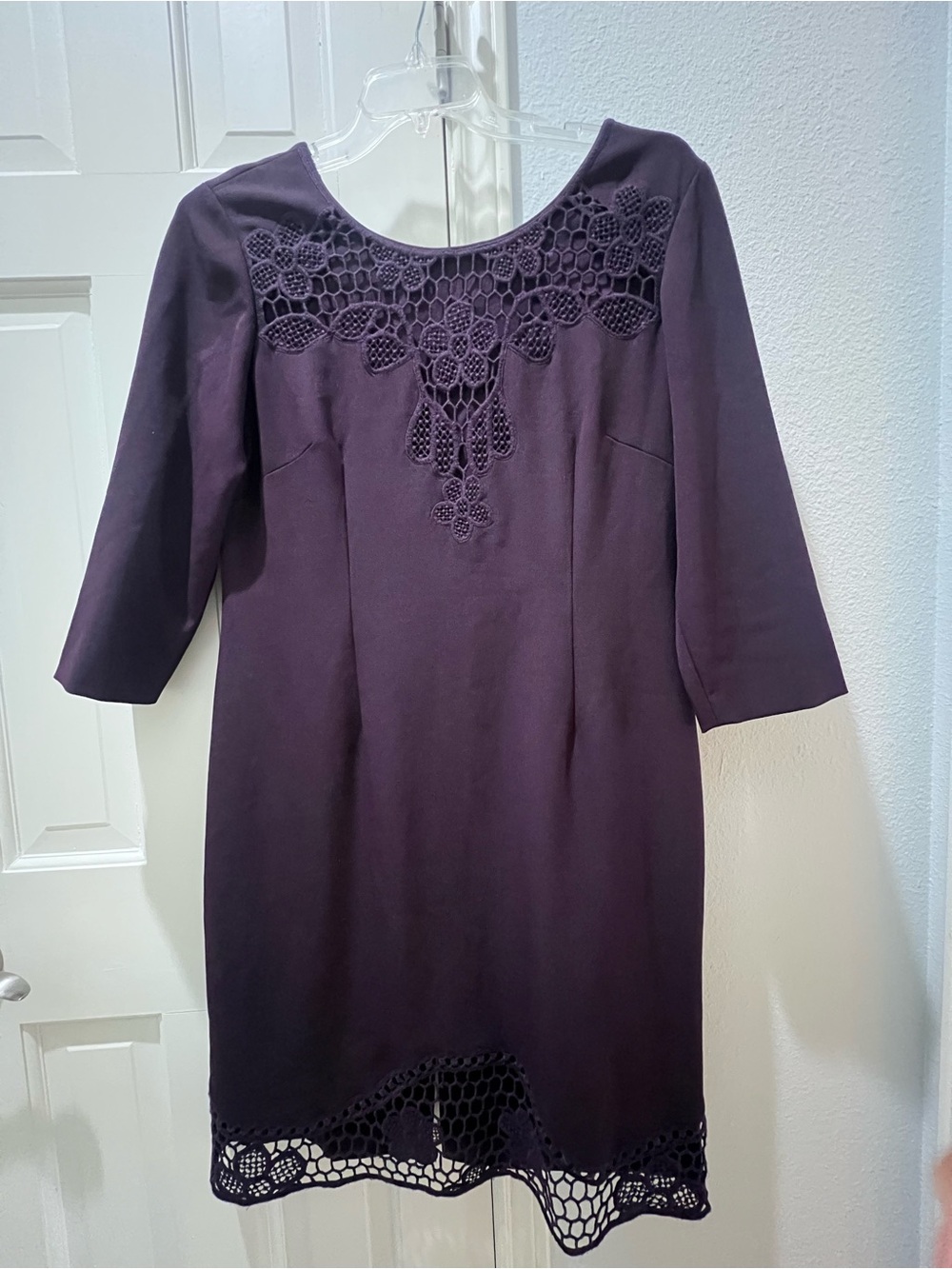 ANTONIO MELANI Deep Plum Crochet-Trim Sheath Dress Size 14